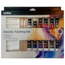 Anko Metallic Acrylic Painting Set 19 Pcs Includes 12 Metallic Acrylic Paints, 2 Wooden Brushes, Palette, 4 Canvas Boards (2 White & 2 Black)